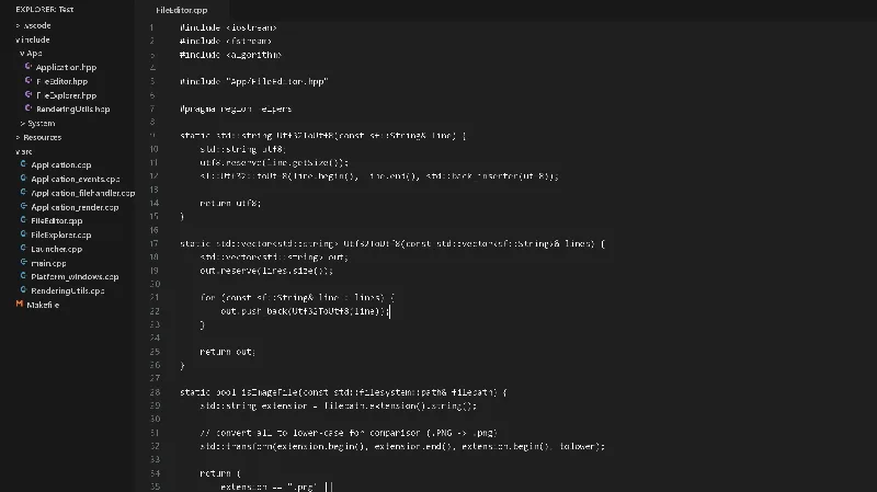 Native C++ text editor with file explorer, tabs, and minimal resource usage